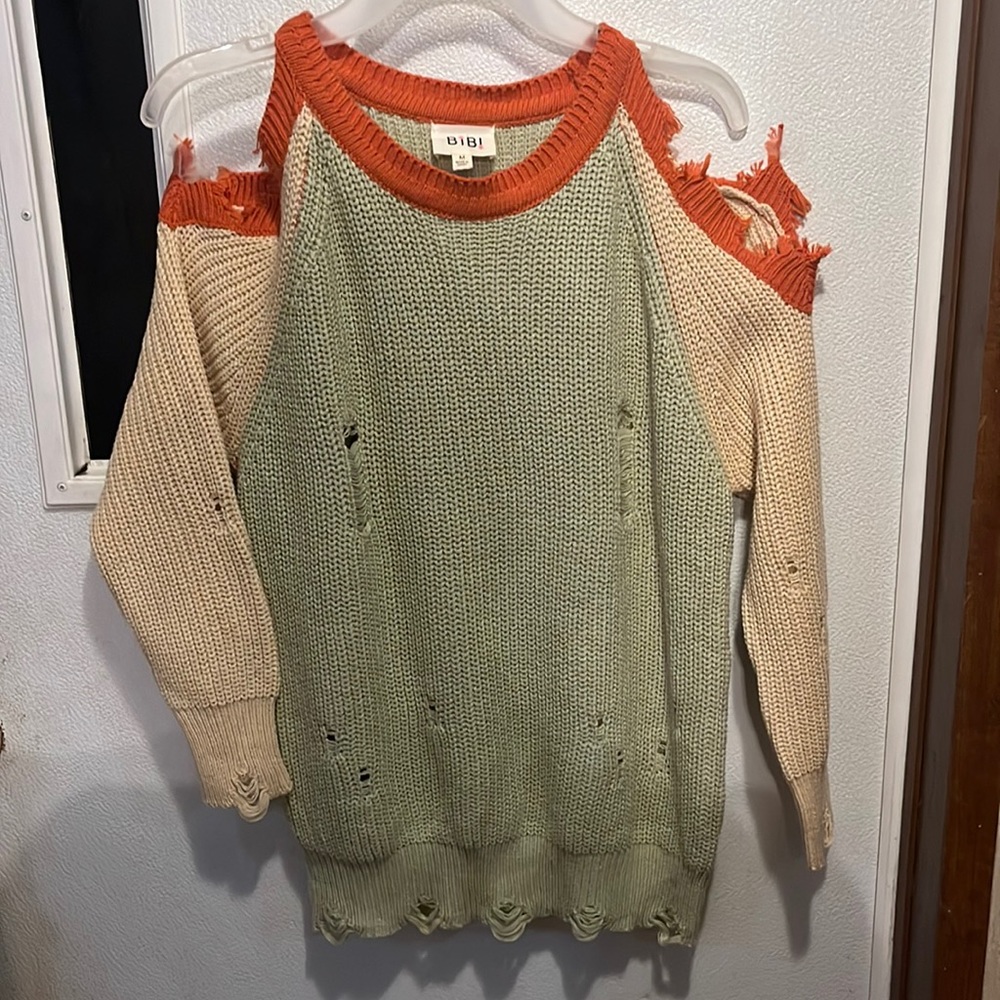 Boutique off open shoulder distressed sweater